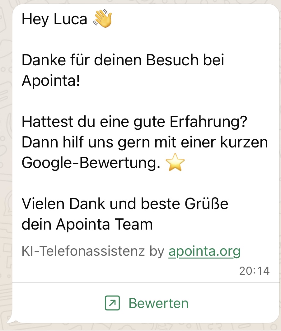 WhatsApp Bewertungsanfrage Beispiel